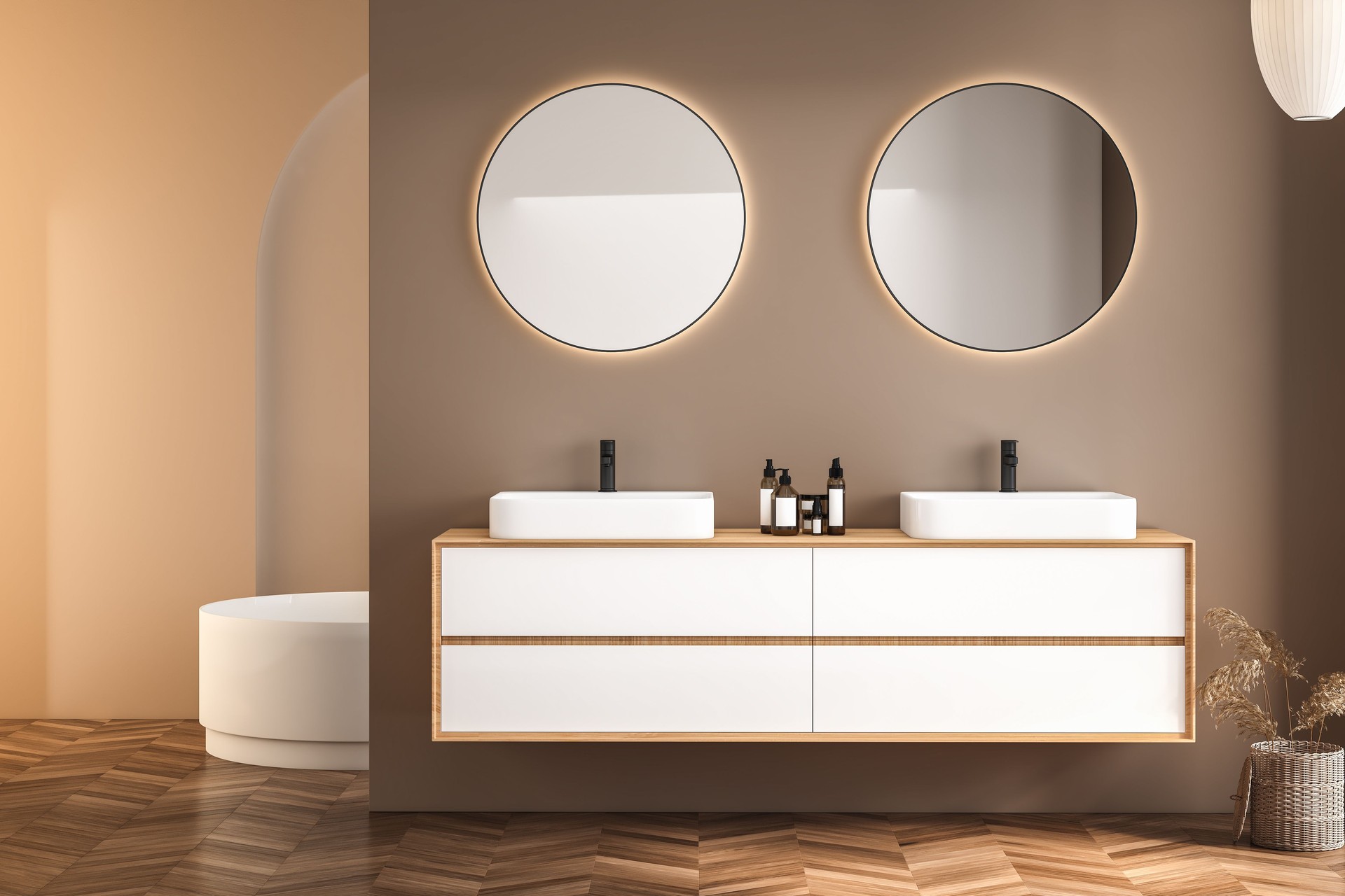 Modern minimalist bathroom interior, modern bathroom cabinet, white sink, wooden vanity, interior plants, bathroom accessories, bathtub and shower, white and beige walls, concrete floor. 3d rendering